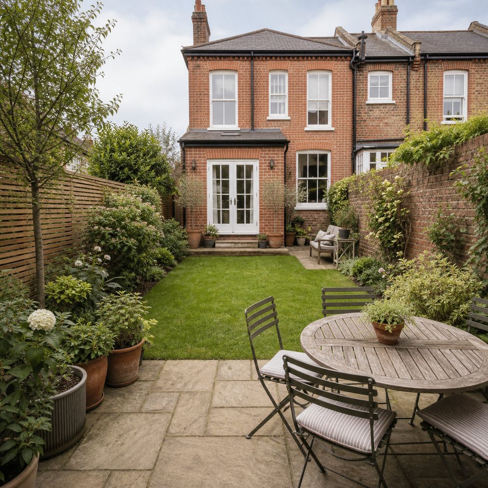 Brick courtyard garden with potted plants and outdoor seating