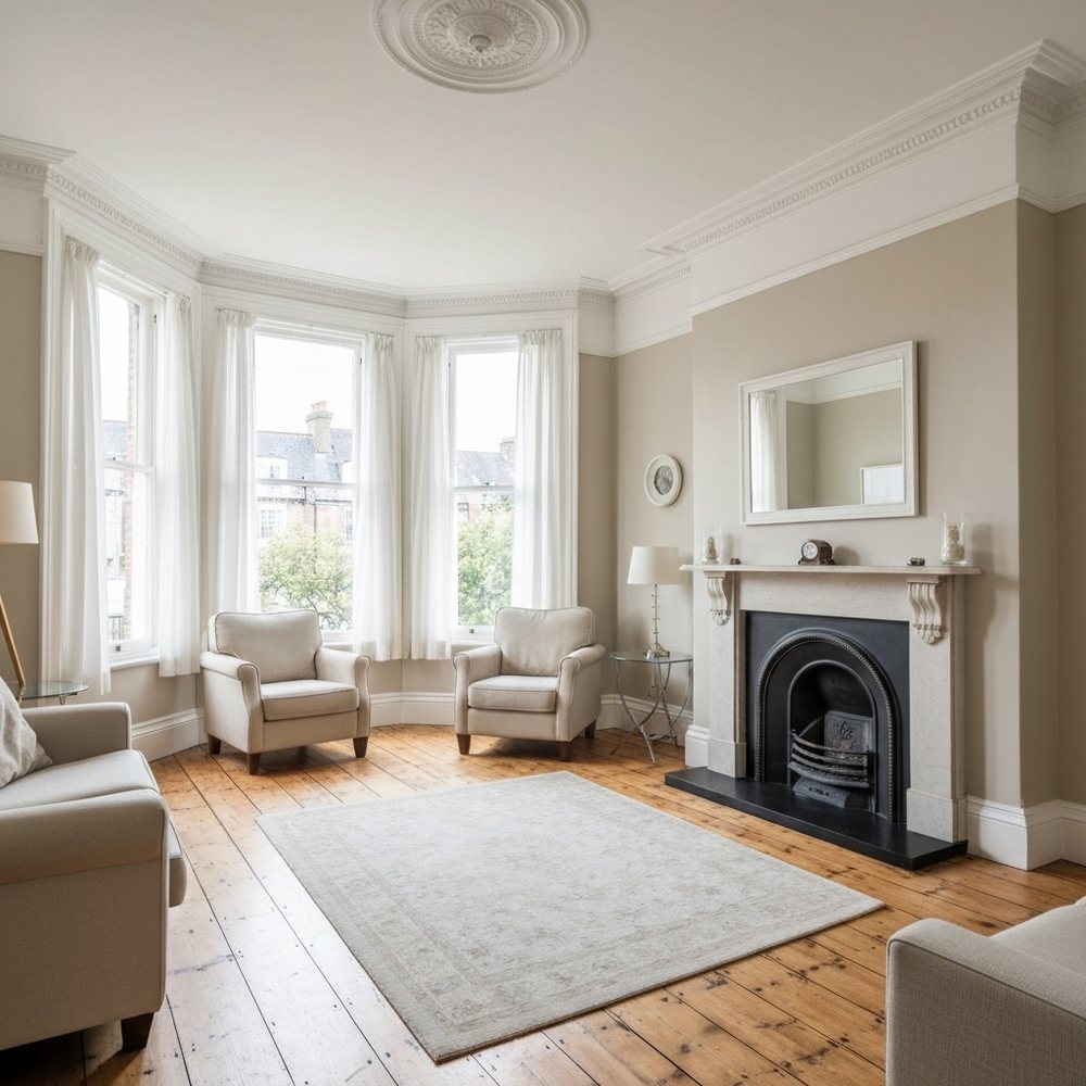 Calm period living room with a fireplace and bay window